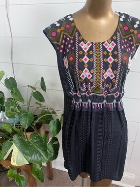 Embroidered navy blue Boho Cap-Sleeve Dress